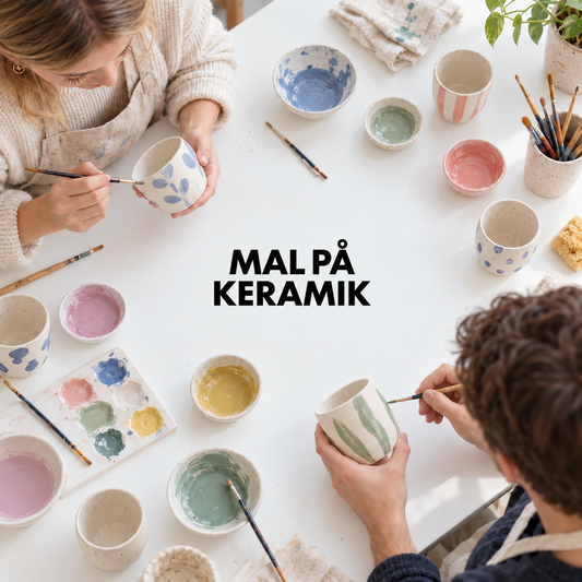 Bord fyldt med glasur og maling til at male på keramik til pop-up keramik cafe i Vig, Odsherred. Familie der deltager i kreativ workshop i sommerferien. 