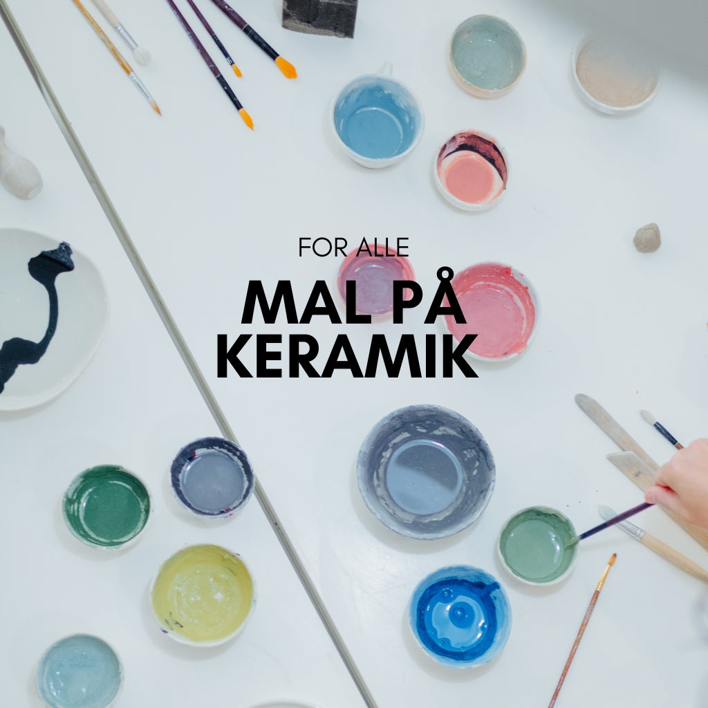 Bord fyldt med glasur til at male på keramik til pop-up keramik cafe i Vig, Odsherred. Familie der deltager i kreativ workshop i sommerferien. 