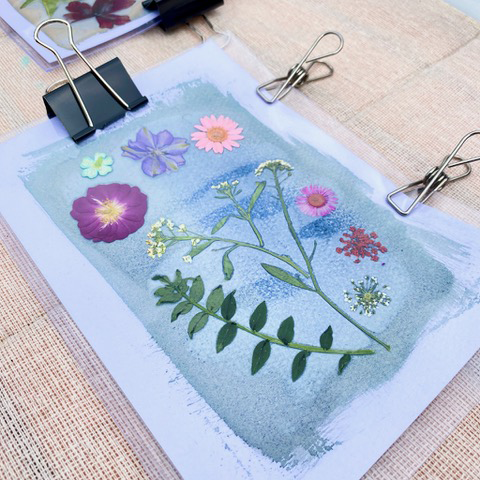Solprint (cyanotypi) med blomster fra en kreativ workshop for virksomheder